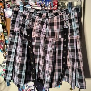 Hot Topic Pleated Plaid Pink Blue and Black Mini Skirt with Suspenders
